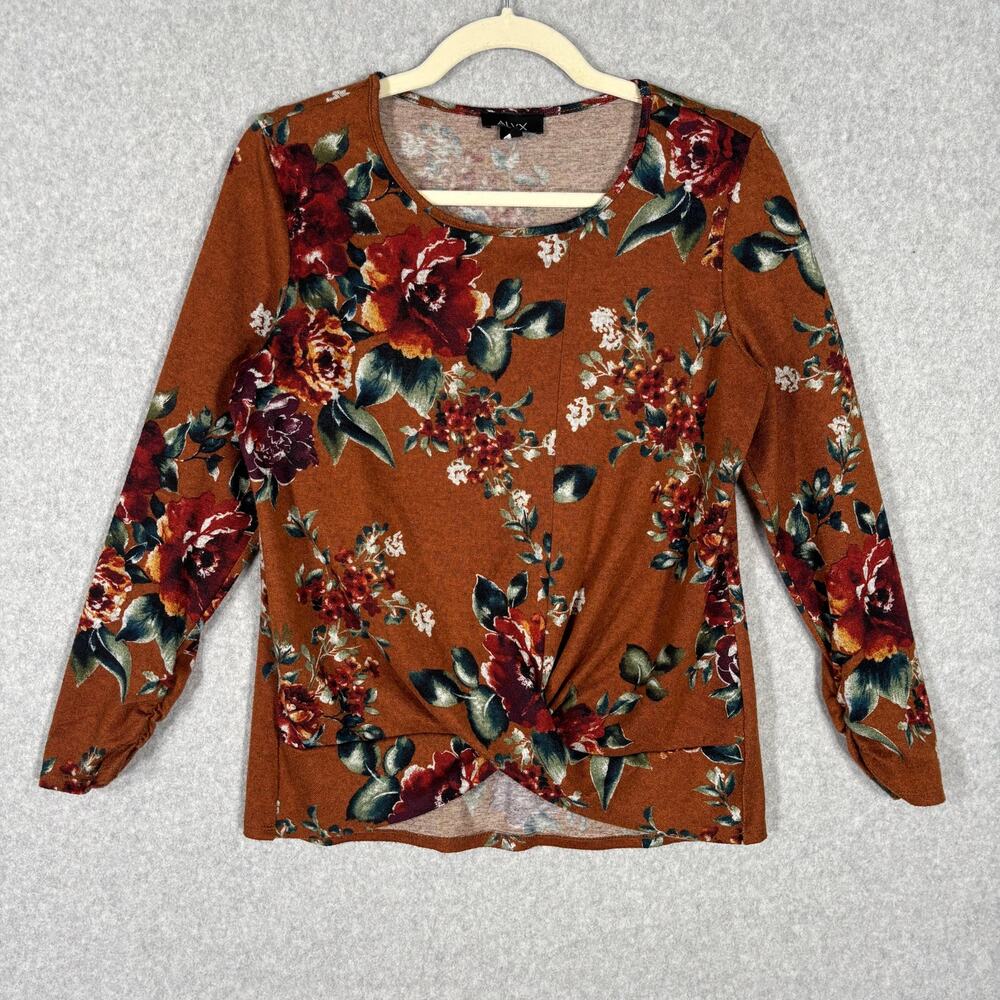 ALYX Sweater Womens Small Brown Floral Knit Twist Knot Ruched Sleeve Stretch